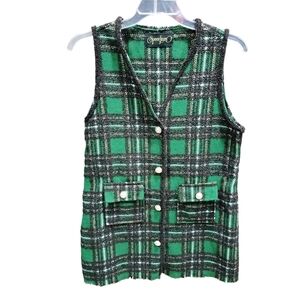 Spoon Jeans Green Plaid Pearl Button Vest Women’s Size L